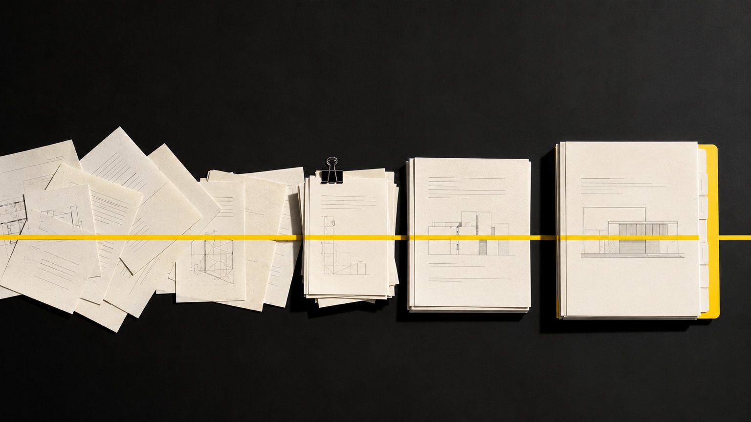 Loose property papers becoming one organised dossier along a yellow line